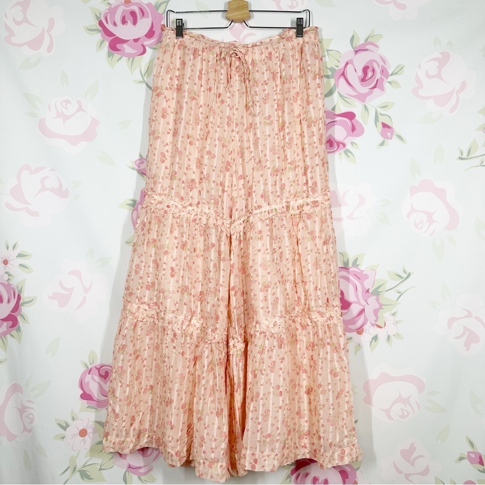 NEW Free People Emmaline Tiered Cottagecore Pull On Peach Combo Pants L